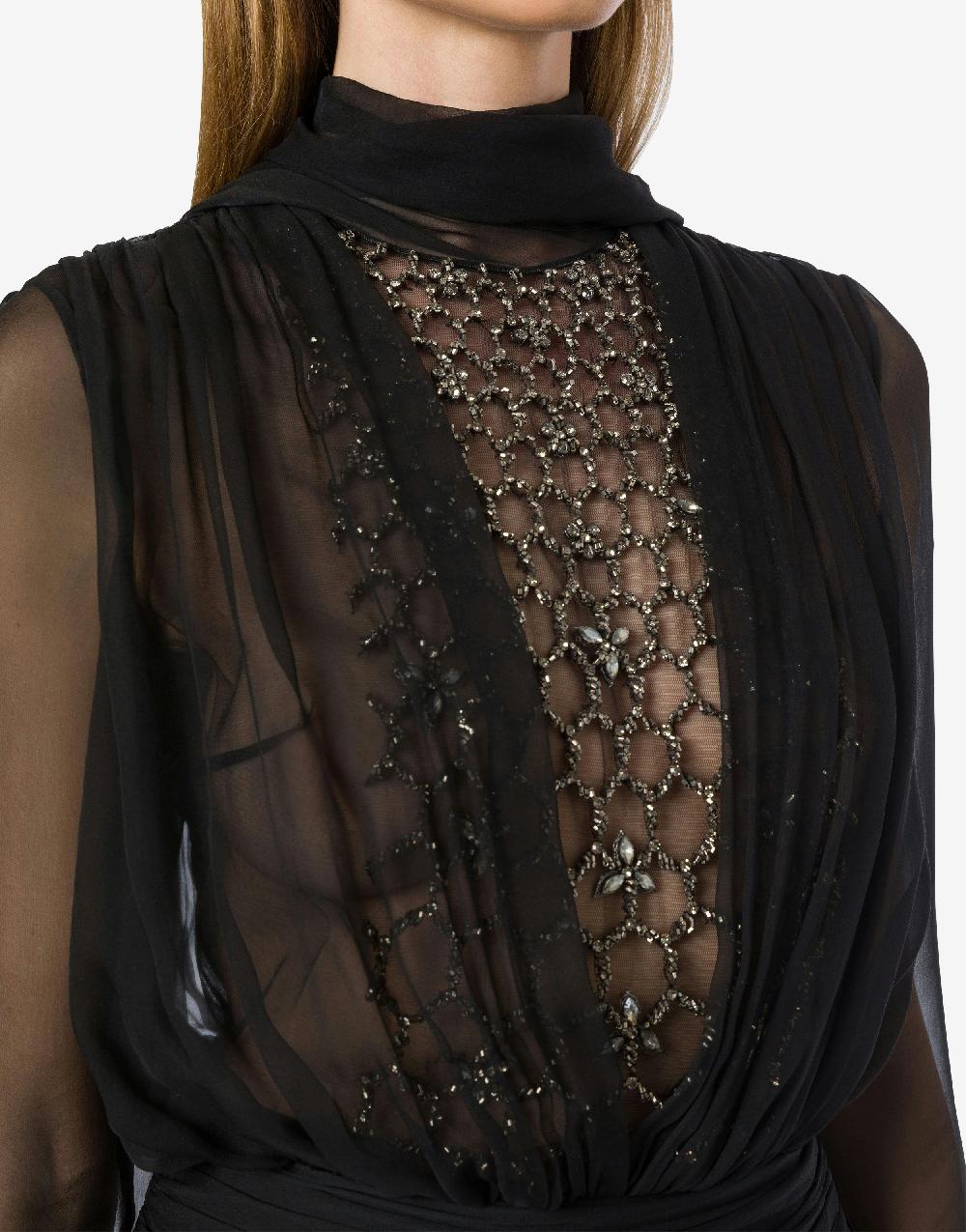Alberta Ferretti Blusa in chiffon organico con sciarpina e ricamo In Vendita