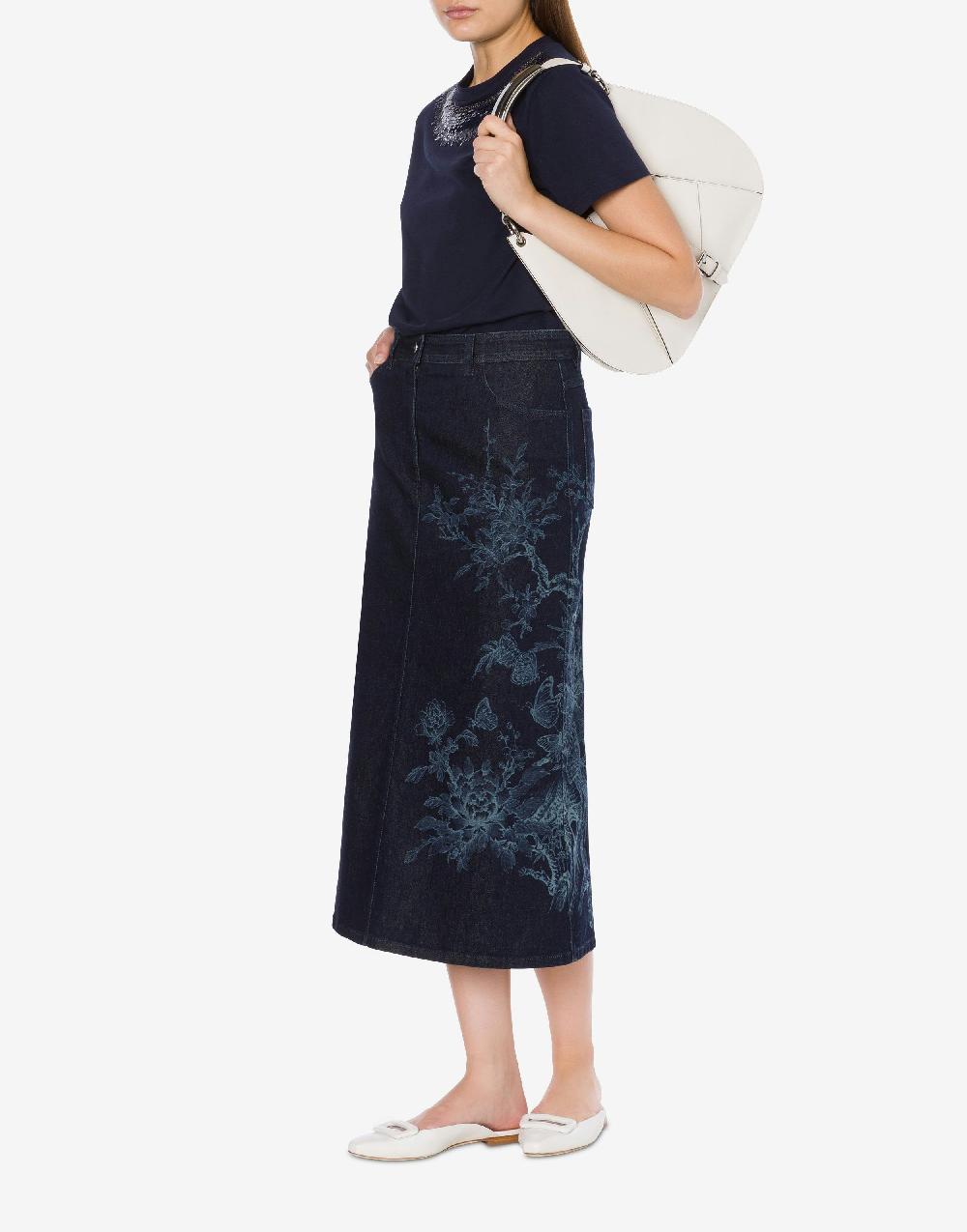 Alberta Ferretti Gonna in denim con disegno ciliegio e farfalle 2025