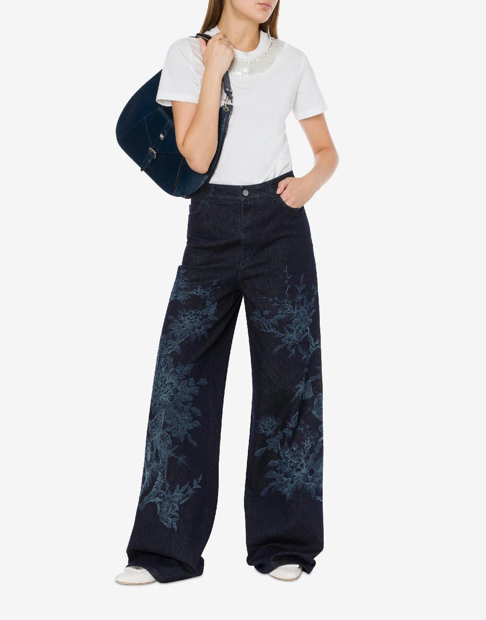 Alberta Ferretti Pantalone in denim con disegno ciliegio e farfalle In Linea