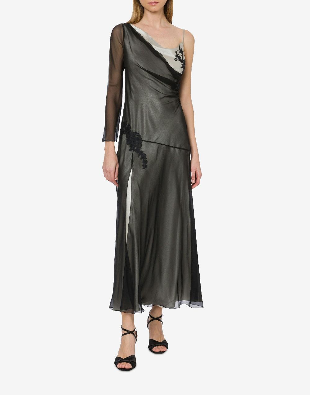 Alberta Ferretti Abito lungo in raso e chiffon con pizzo Promozione Limitata