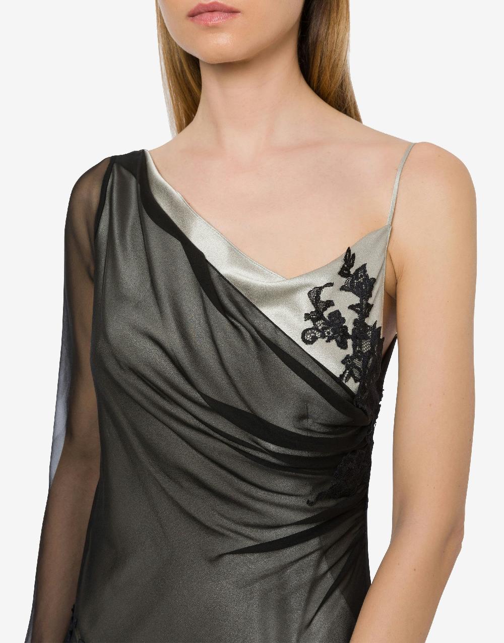 Alberta Ferretti Abito lungo in raso e chiffon con pizzo Promozione Limitata