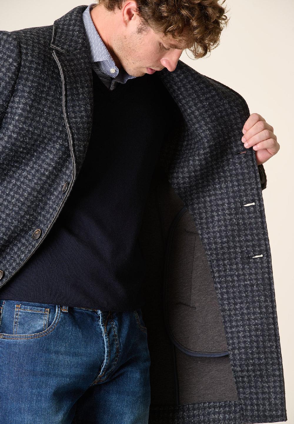 Angelico Cappotto blu grigio melange taglio vivo fantasia Pied de Poule Convenienza