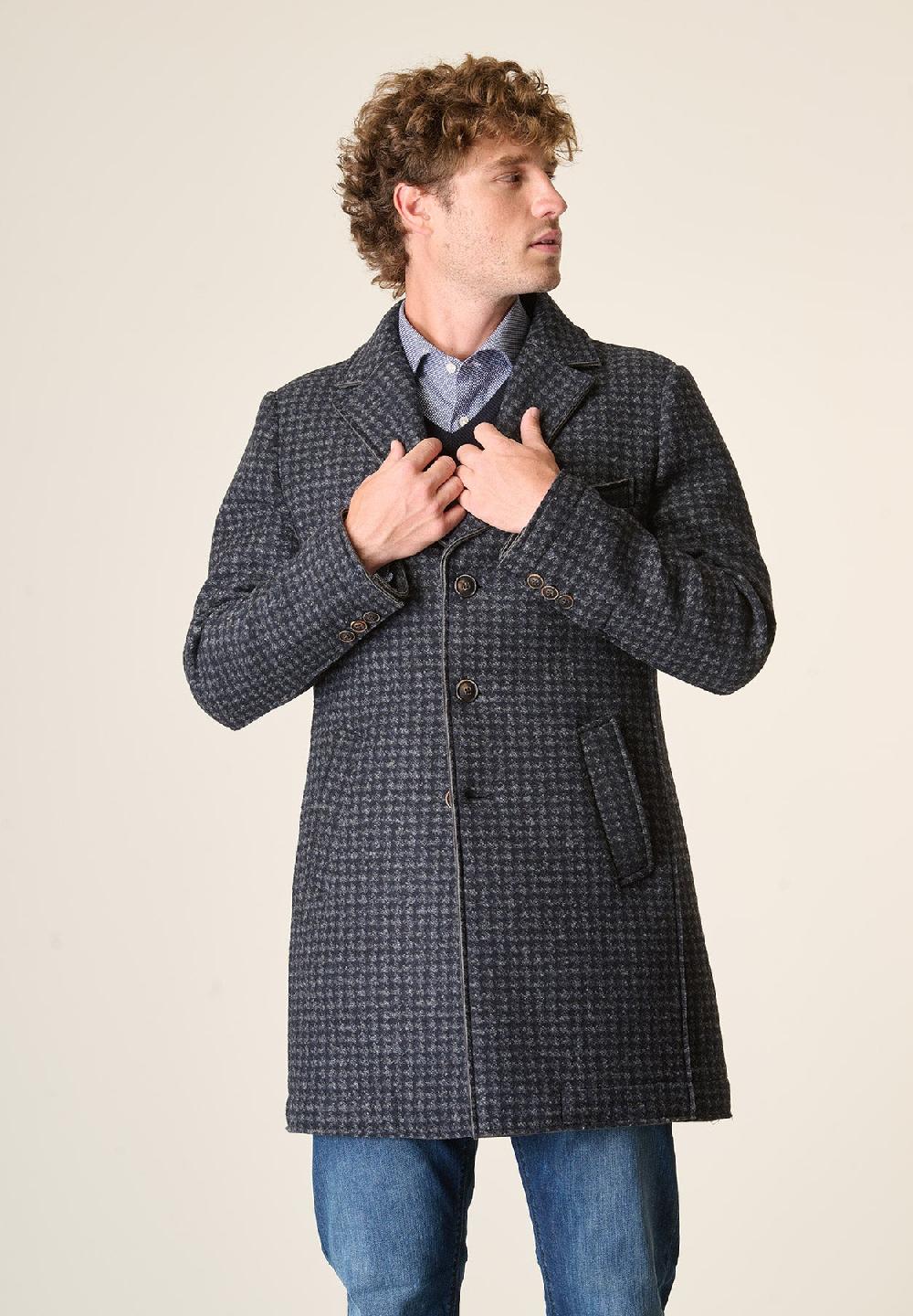 Angelico Cappotto blu grigio melange taglio vivo fantasia Pied de Poule Convenienza
