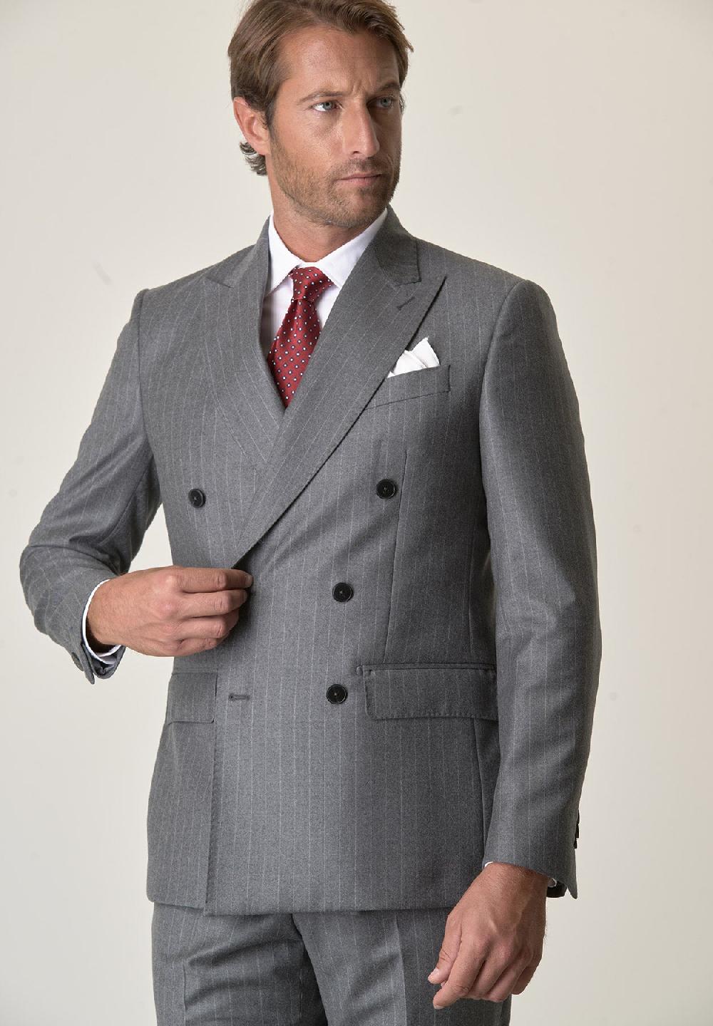 Angelico Abito grigio gessato doppiopetto flanella lana vergine custom fit In Vendita