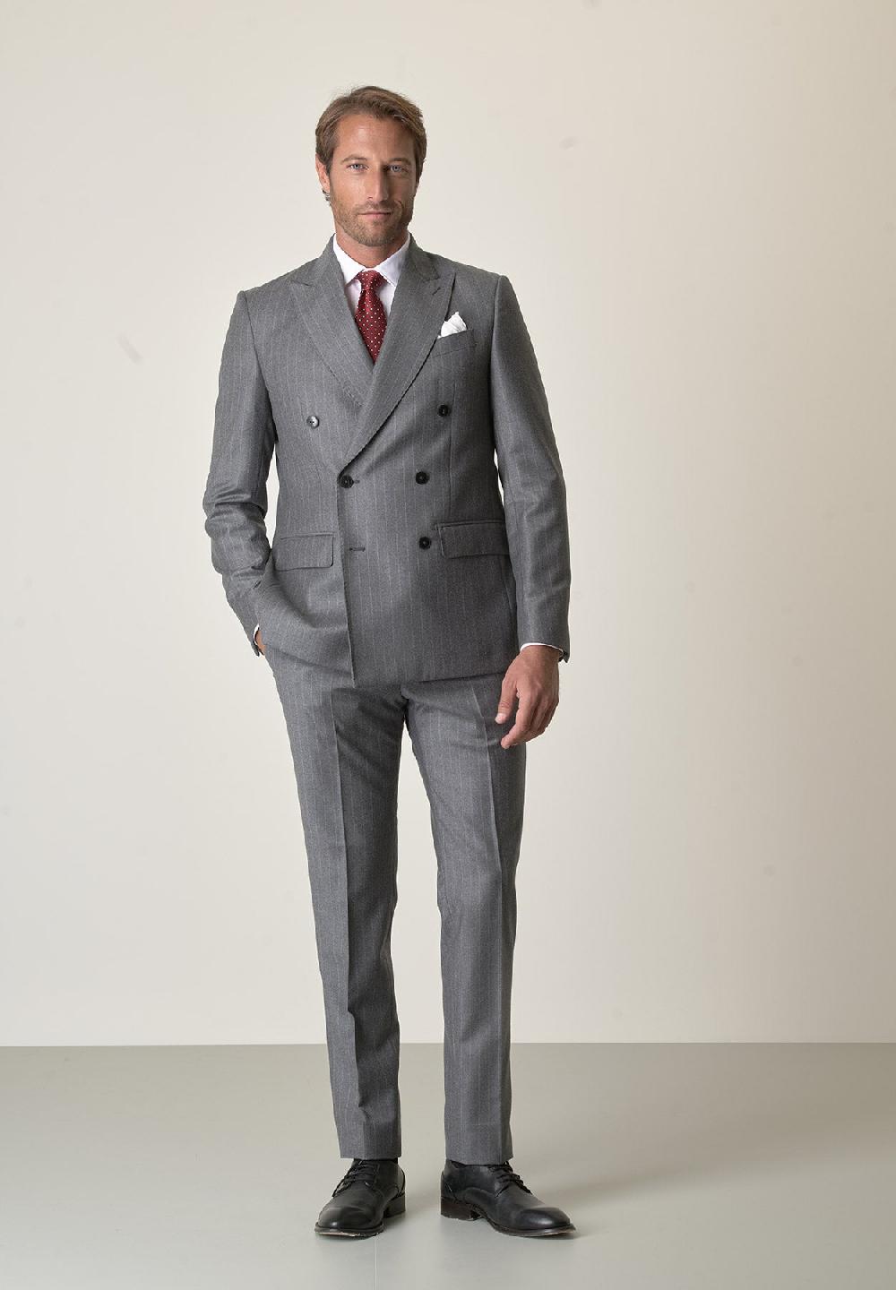 Angelico Abito grigio gessato doppiopetto flanella lana vergine custom fit In Vendita