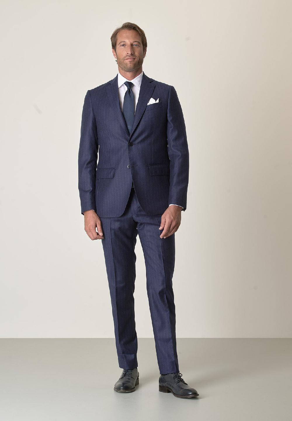 Angelico Abito blu gessato flanella lana vergine custom fit Promozione Limitata