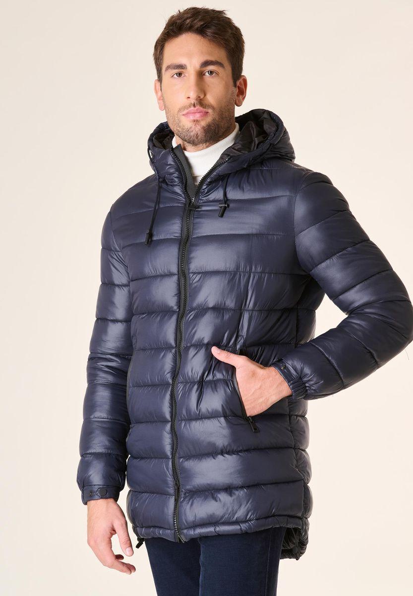 Angelico Giaccone blu lungo trapuntato cappuccio anorak Negozio