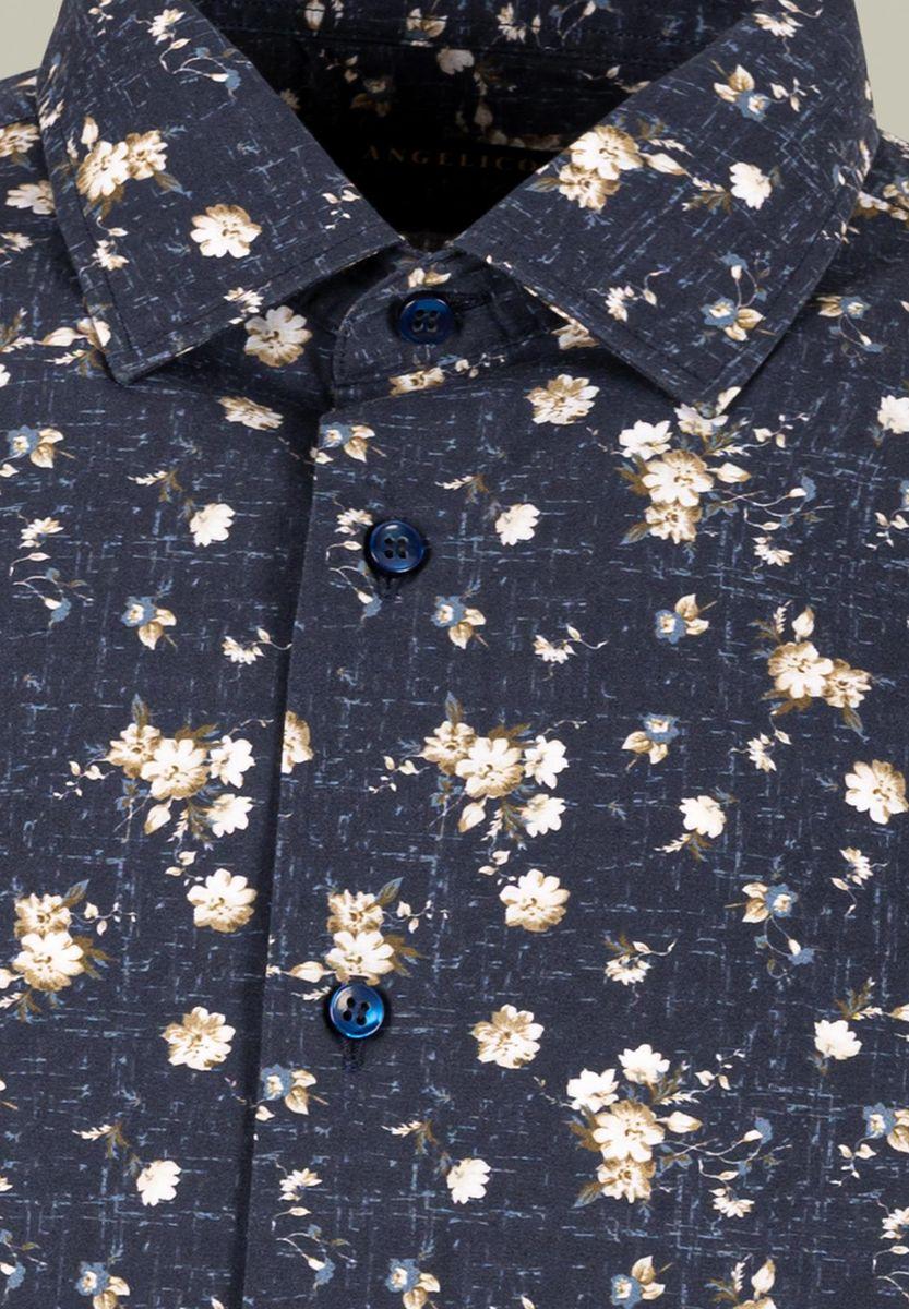 Angelico Camicia blu stampata fiori beige custom fit 2025