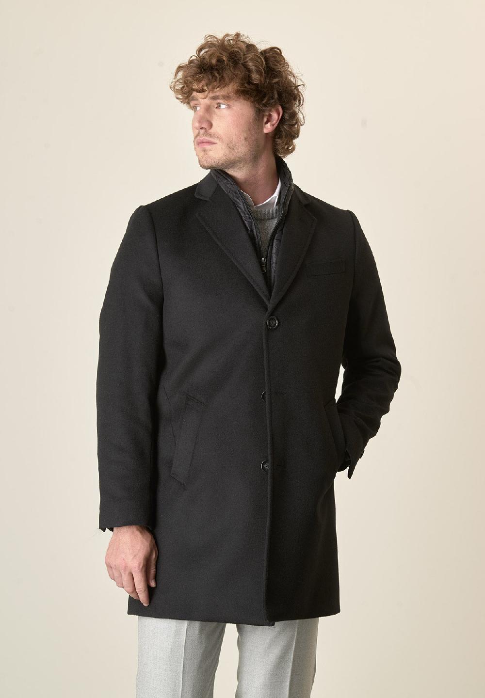 Angelico Cappotto nero misto cashmere pettorina staccabile In Vendita