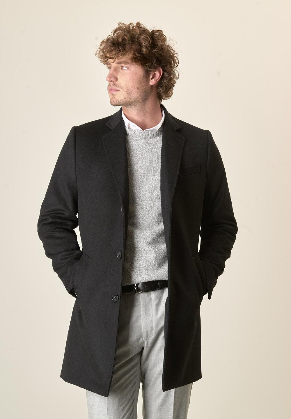 Angelico Cappotto nero misto cashmere pettorina staccabile In Vendita