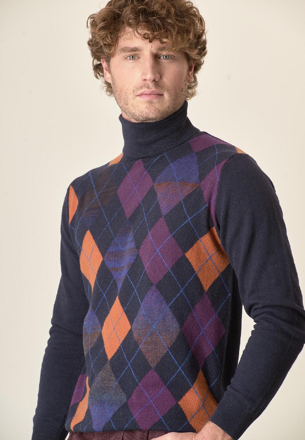 Angelico Dolcevita blu motivo rombi misto cashmere Vendita Calda