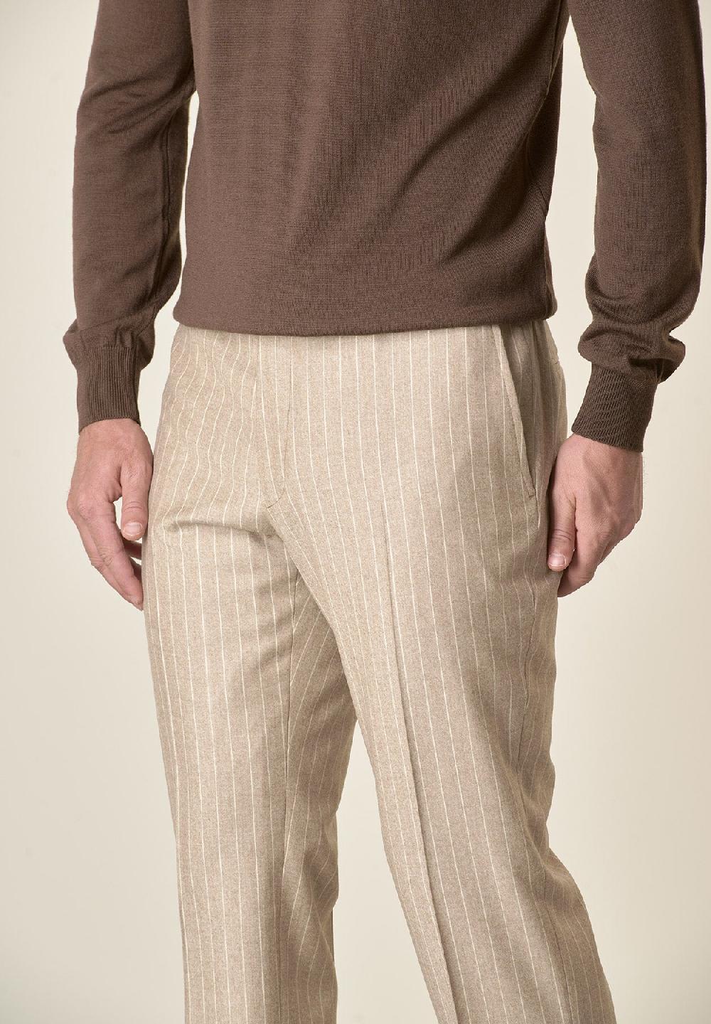 Angelico Pantalone beige gessato lana vergine custom fit Saldi Di Fabbrica