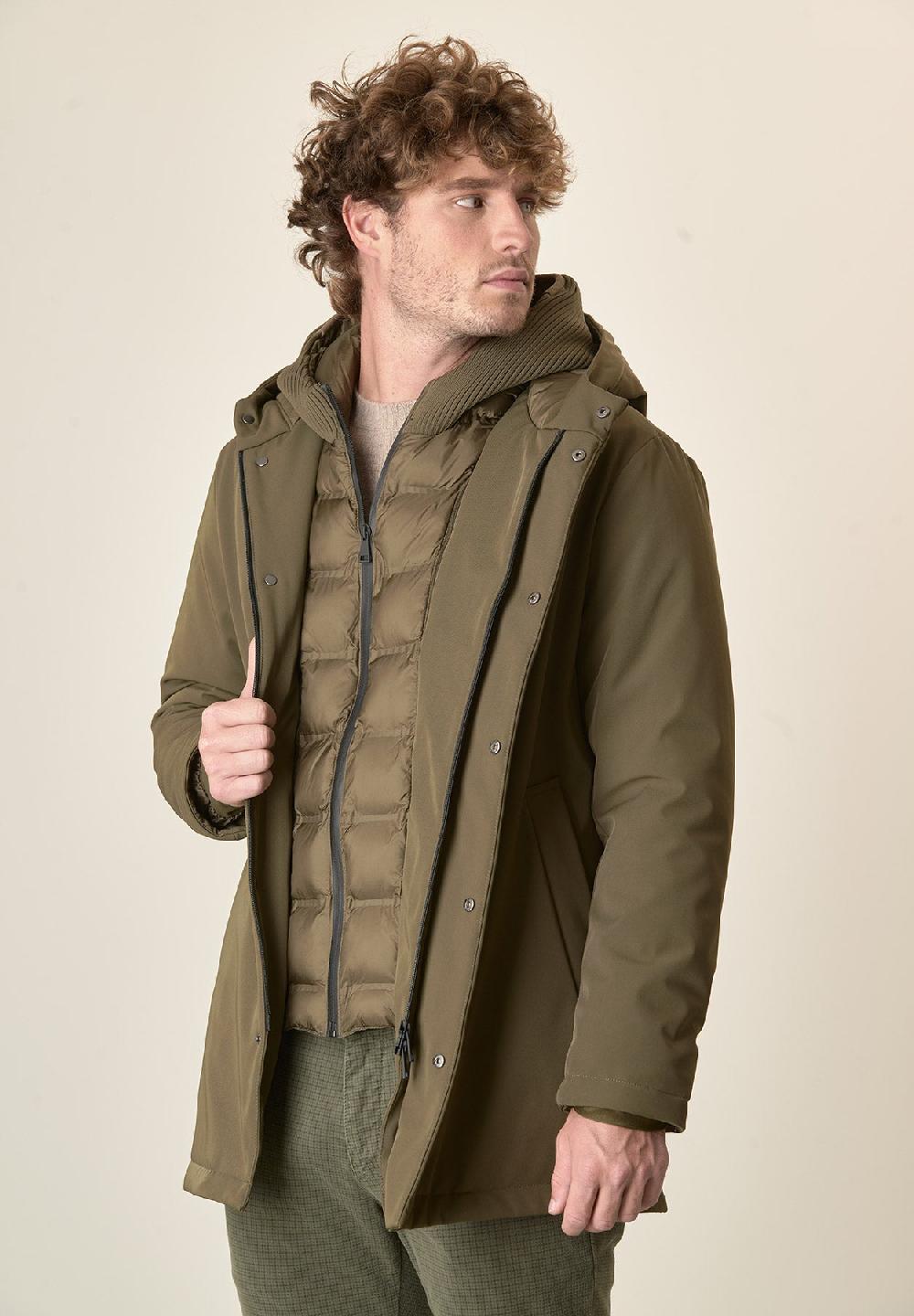 Angelico Giaccone verde militare cappuccio e pettorina staccabili Nuovo