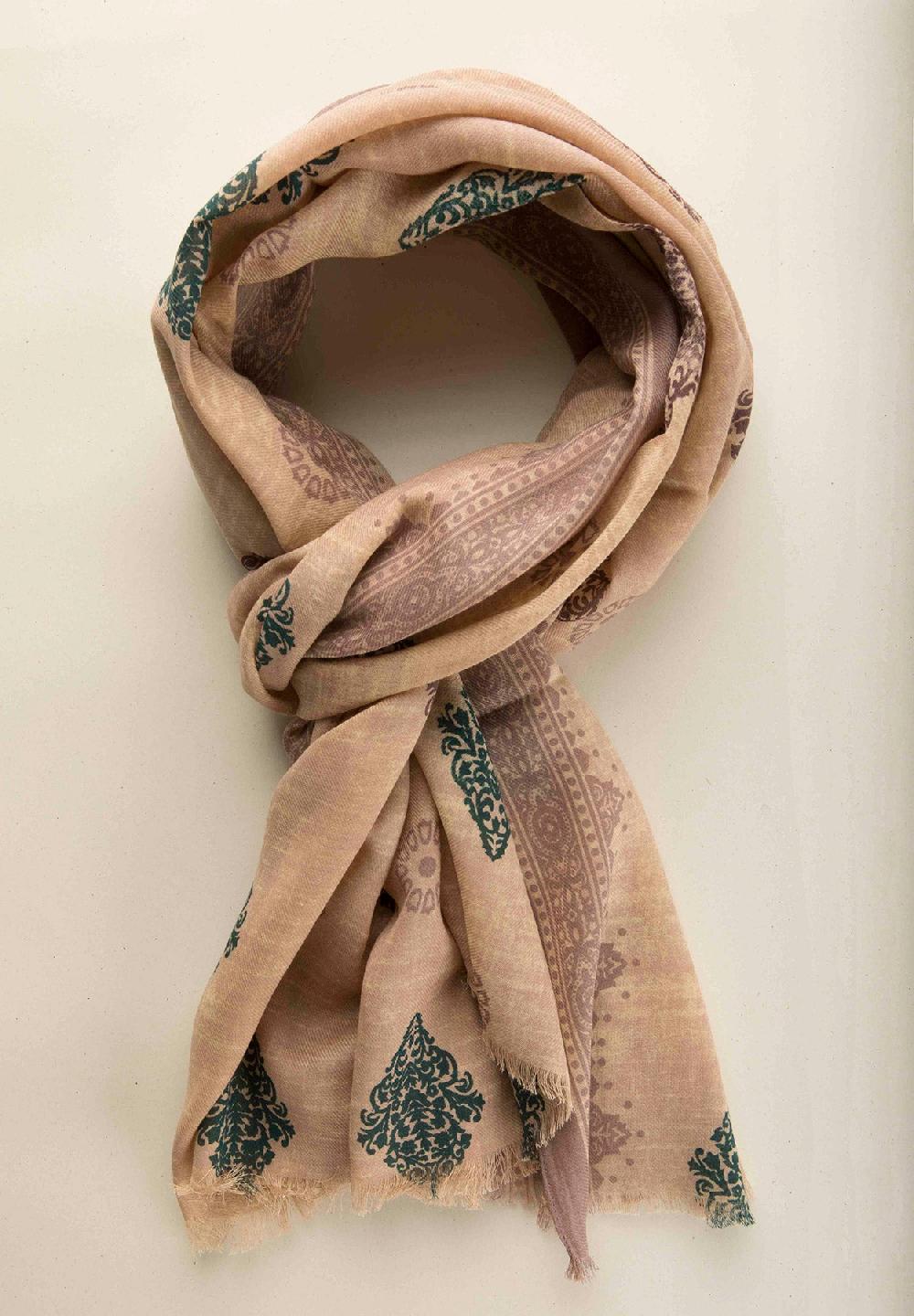 Angelico Sciarpa beige verde fantasia astratta cotone lana frange
