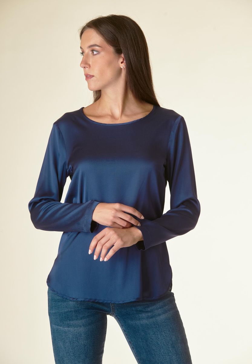 Angelico Blusa blu manica lunga raso viscosa Economico