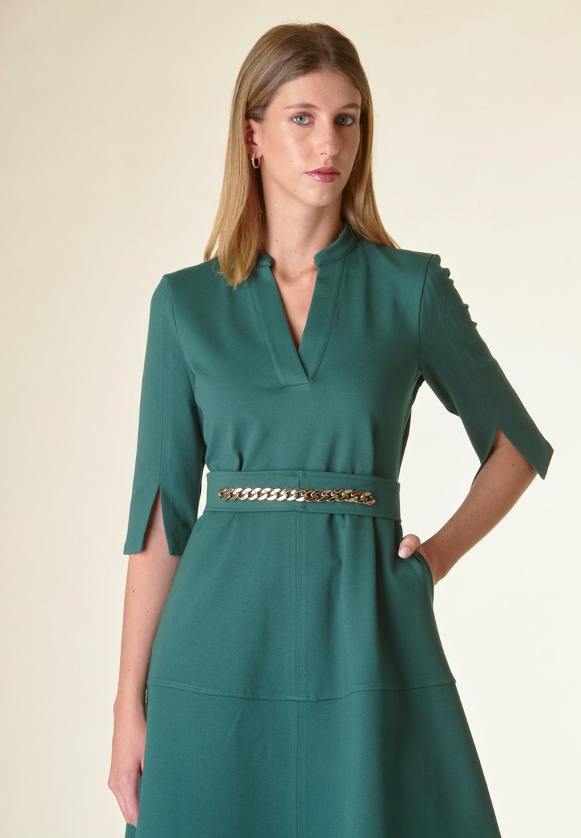 Angelico Vestito verde v midi svasato con cintura Qualità Garantita
