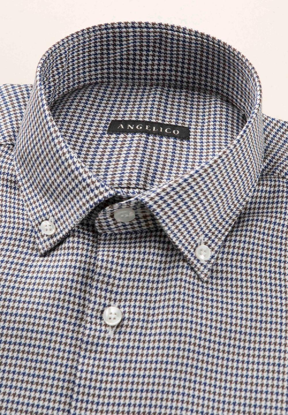 Angelico Camicia blu marrone pied de poulè cotone regular fit Italy