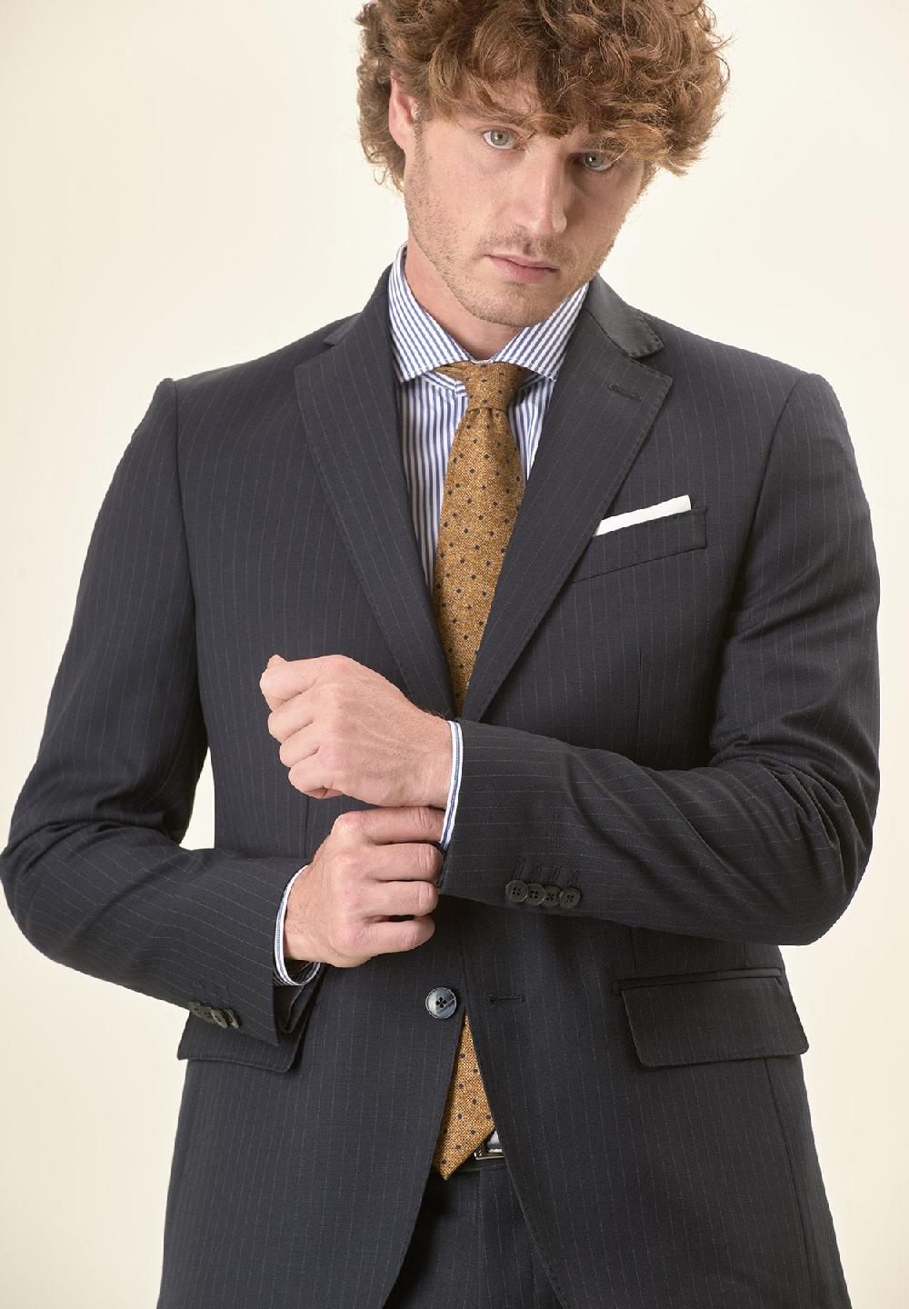 Angelico Abito blu scuro gessato lana vergine stretch custom fit Soddisfazione Garantita
