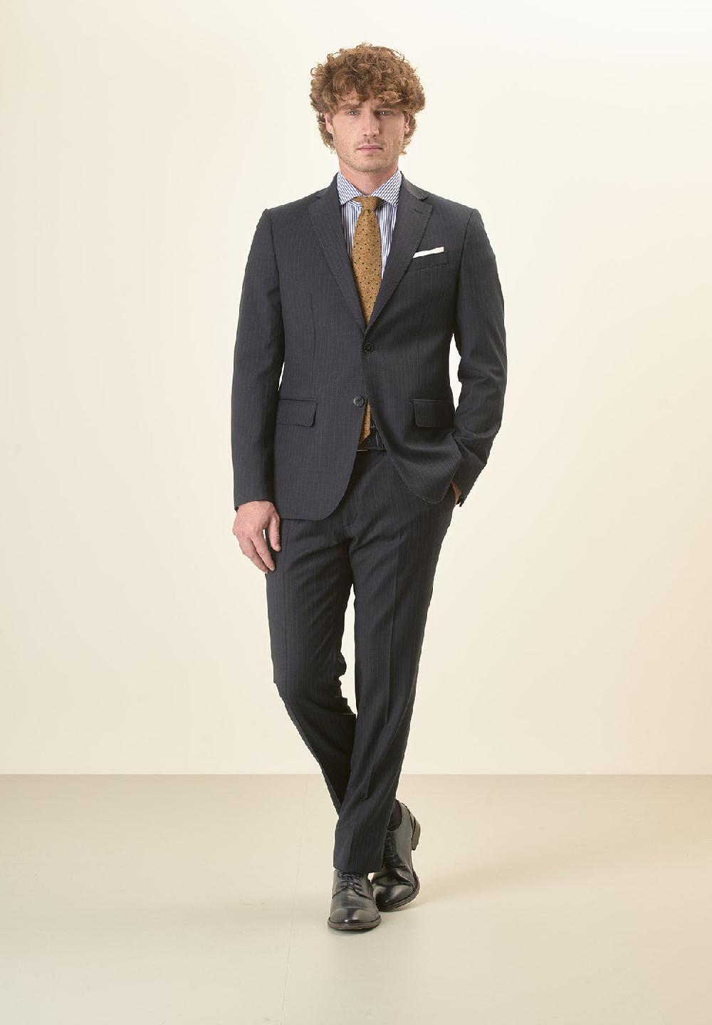 Angelico Abito blu scuro gessato lana vergine stretch custom fit Soddisfazione Garantita
