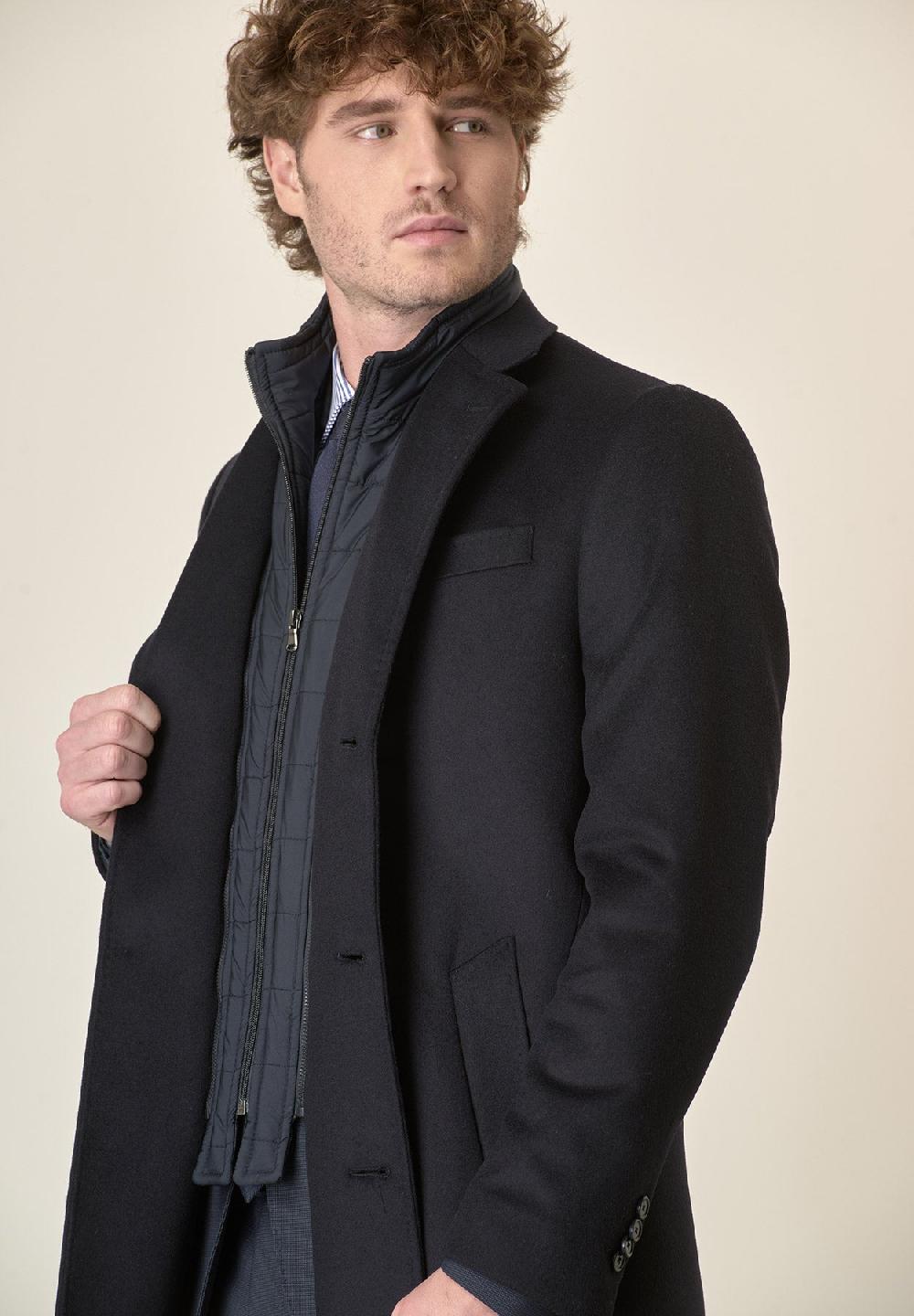 Angelico Cappotto blu misto cashmere pettorina staccabile Promozione